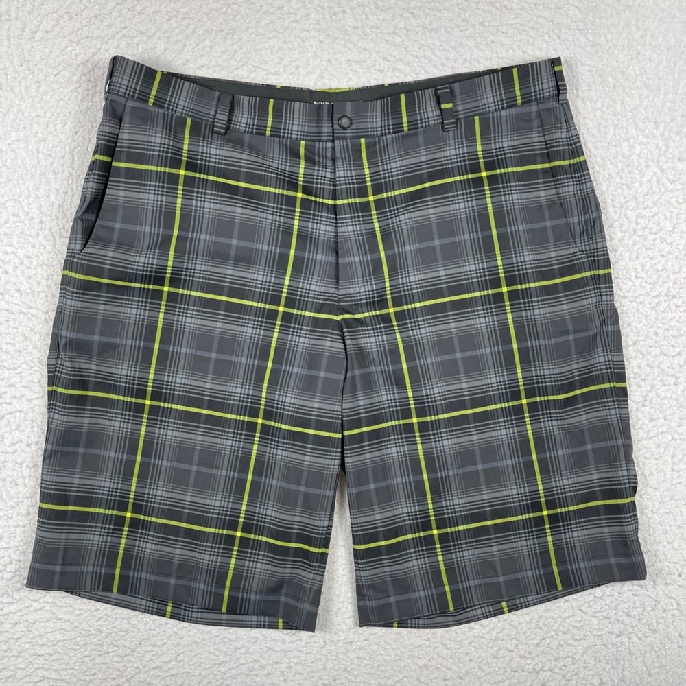 Nike Golf Shorts Mens 40 Grey Plaid Lime Green Dri-FIT Performance Athletic Wear